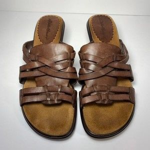 Eddie Bauer Brown Leather open toe heeled slide sandals; women's 9